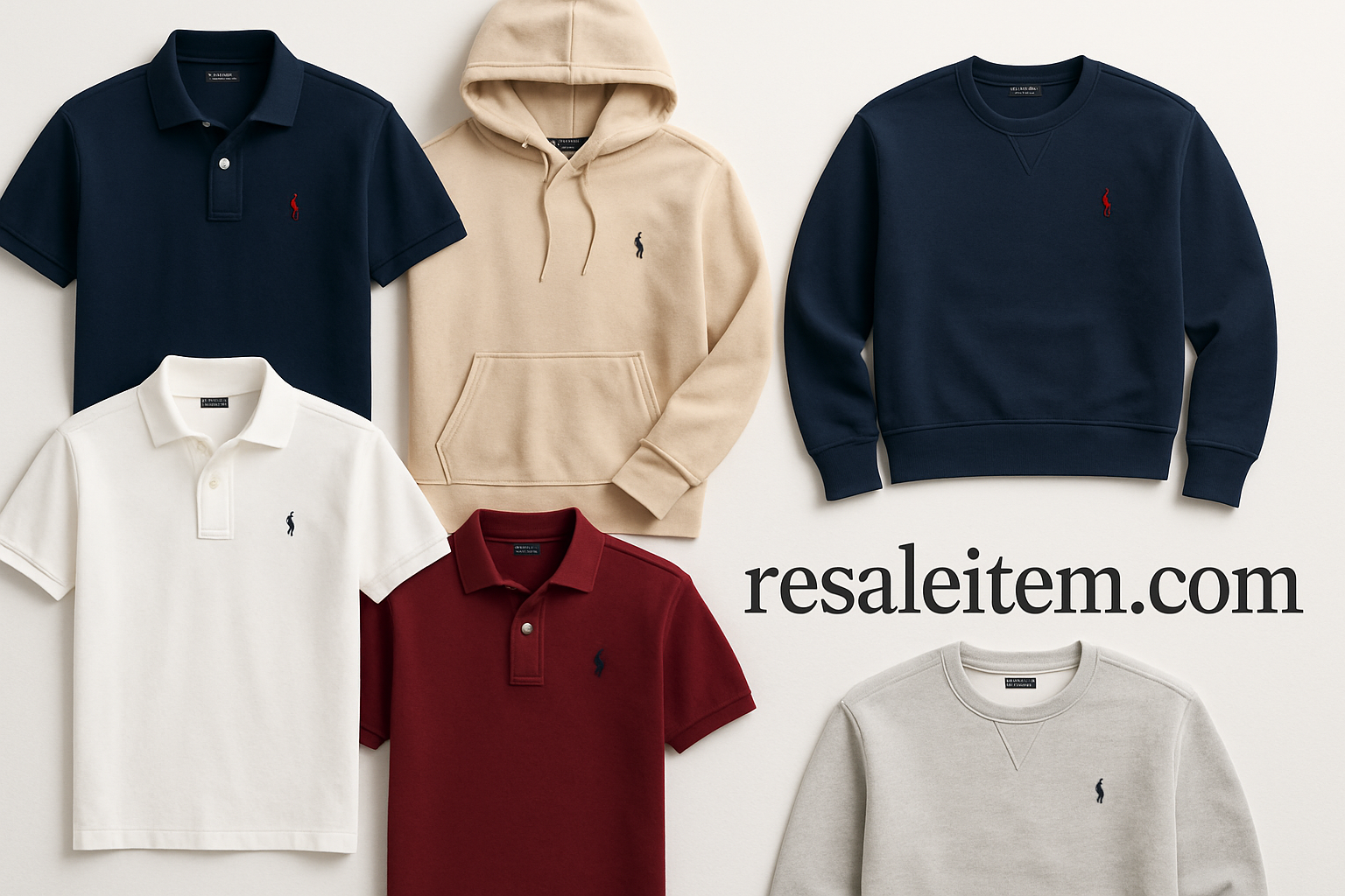 generuj mi obraz z ubranami typu koszulki polo ralph lauren bluzy itd na białym tle z obok napisam resaleitem.com